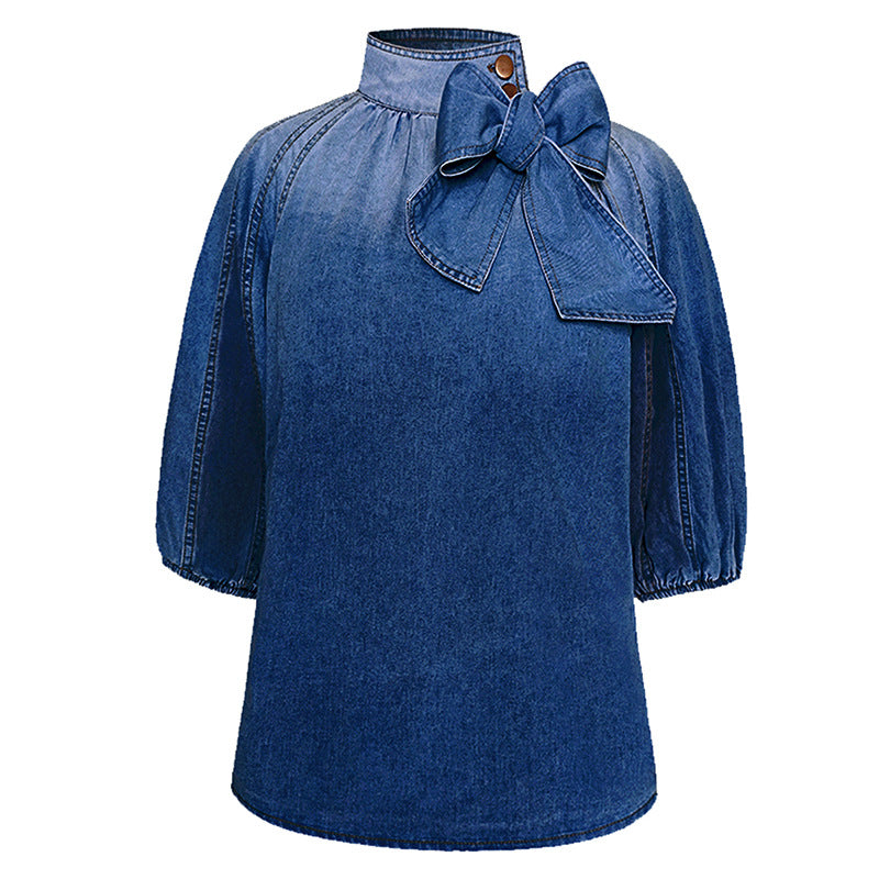 Blue denim blouse with bow showcasing stylish fashion and trendy ملابس for casual wear