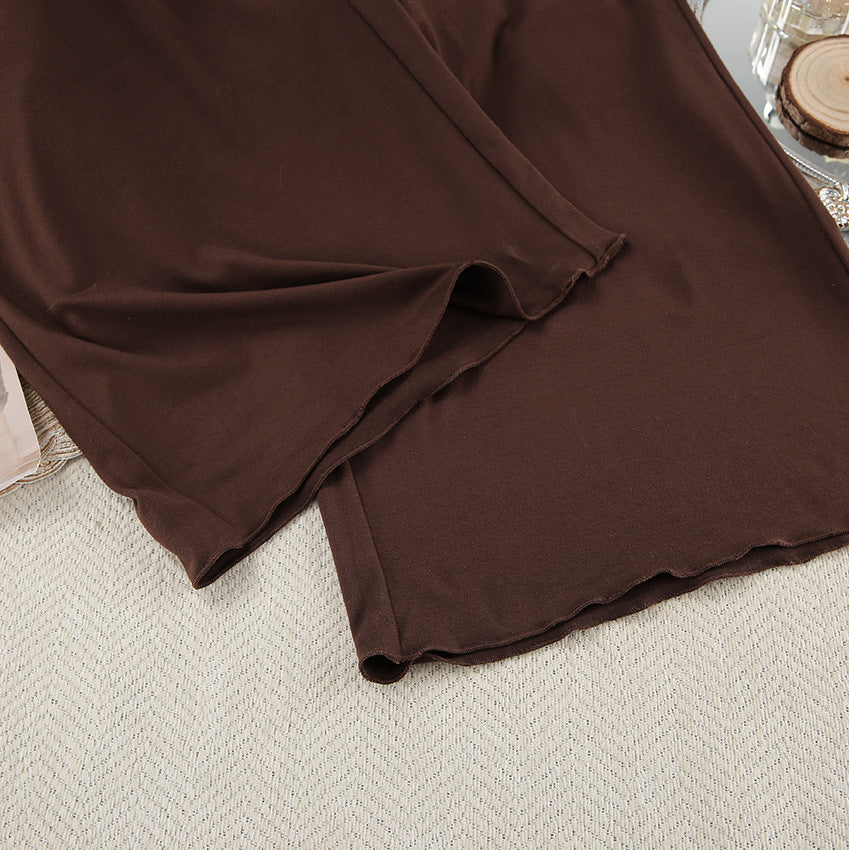 Brown wide-leg pants with lettuce-edge hems from Casual Comfortable Knitted Pajamas collection