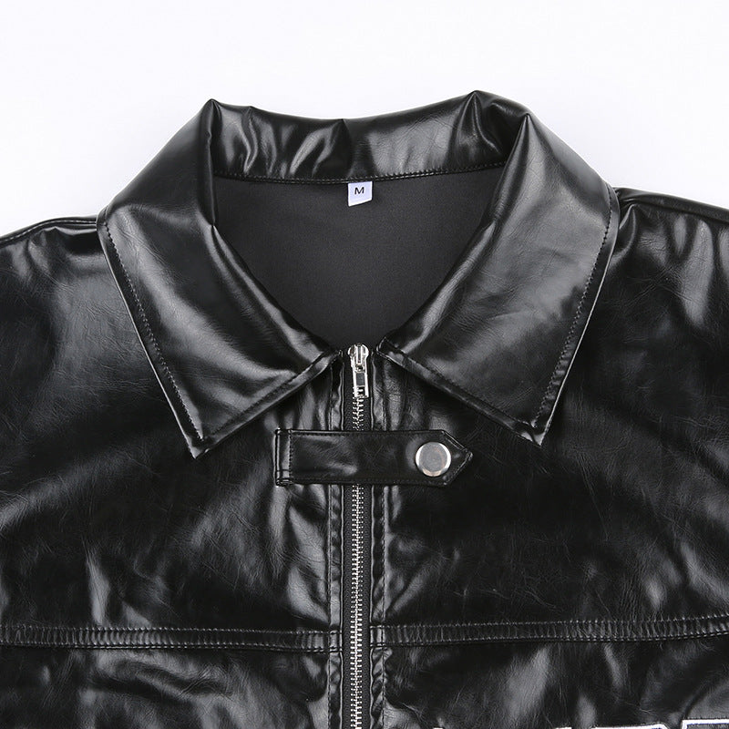 Black faux leather short leather jacket with letter graphic embroidery for stylish appeal