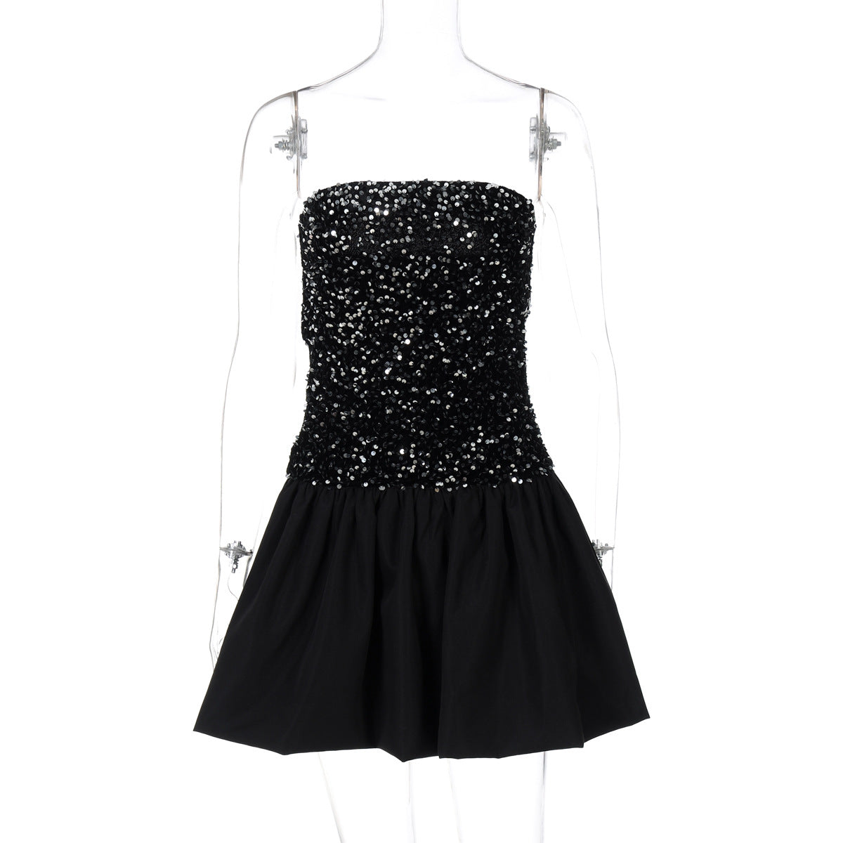 Elegant off the shoulder short dress featuring black sequined bodice and flared skirt