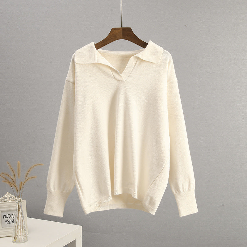 Cream-colored long-sleeved Warm Polo Collar Knitted Sweater for stylish langry fashion and ملابس