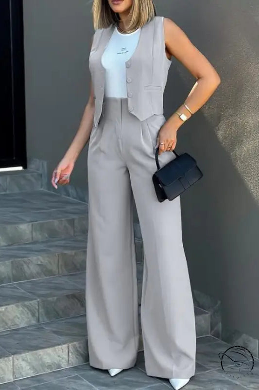 Elegant vest jacket wide leg pants set in gray