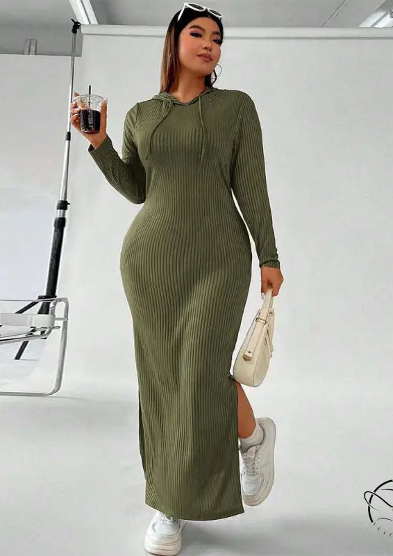 Olive green ribbed hooded winter sheath maxi dress