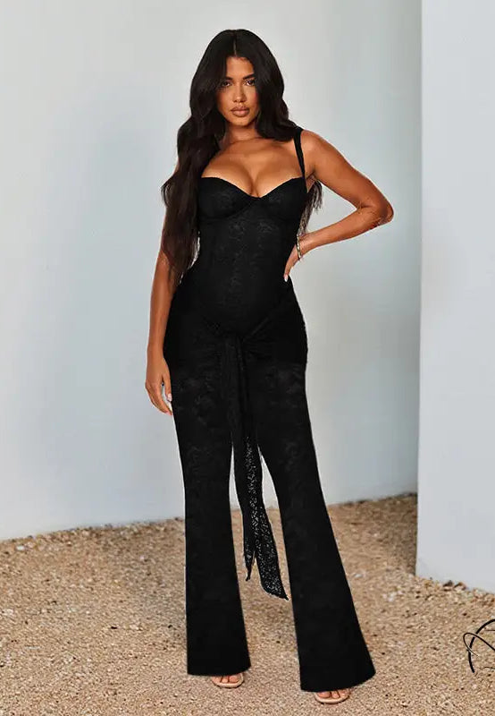 Elegant black lace wide-leg jumpsuit with side cutout, langry fashion ملابس