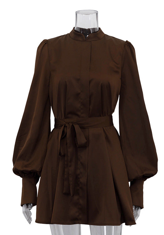 Sleek chocolate-brown langry fashion A-line short dress with puffed sleeves