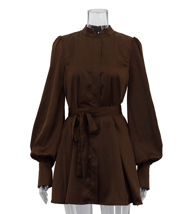Sleek chocolate-brown langry fashion A-line short dress with puffed sleeves