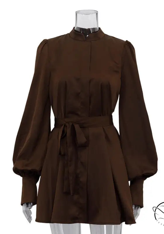 Beautiful lace up A-line short dress in sleek chocolate-brown satin with puffed sleeves and self-tie belt
