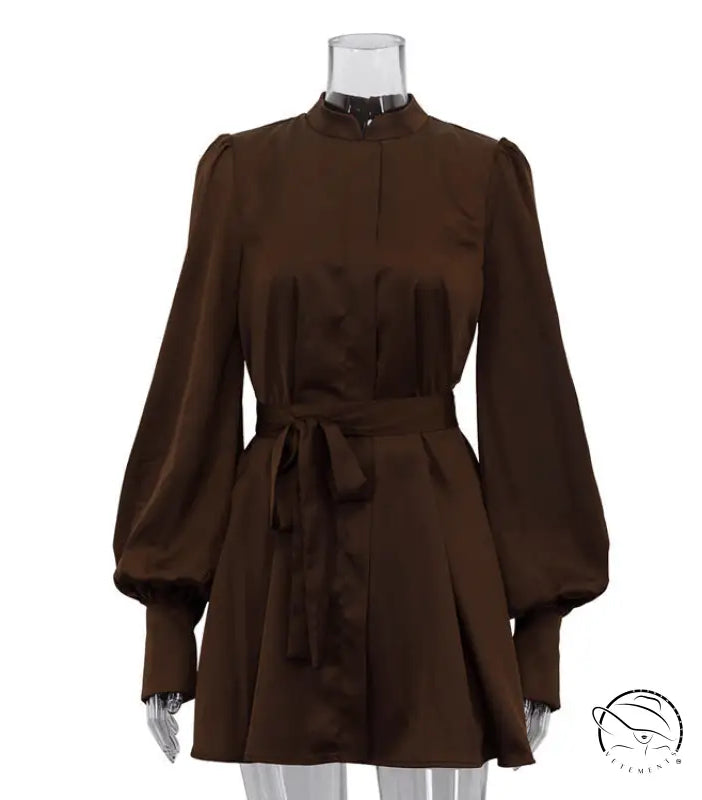 Beautiful lace up A-line short dress in sleek chocolate-brown satin with puffed sleeves and self-tie belt