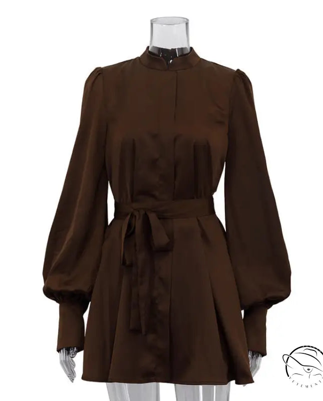Beautiful lace up A-line short dress in sleek chocolate-brown satin with puffed sleeves and self-tie belt