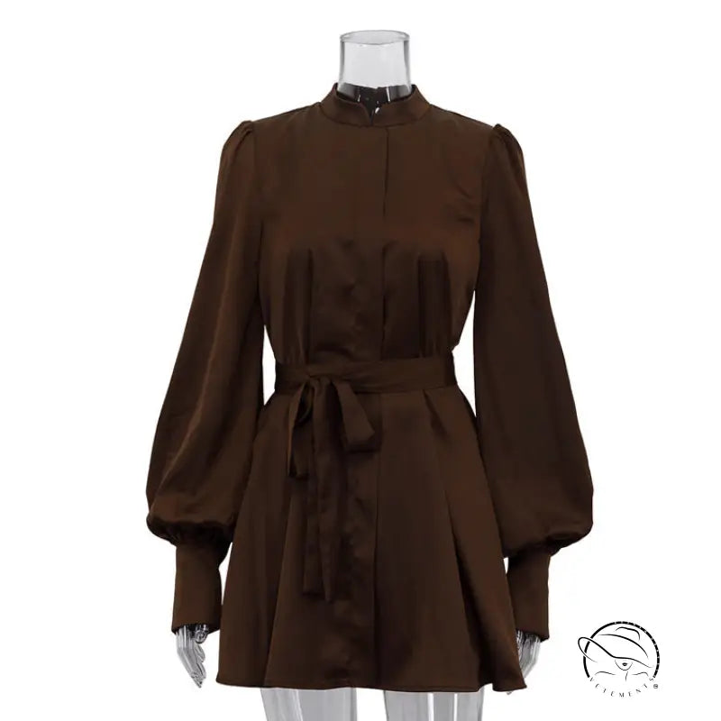 Beautiful lace up A-line short dress in sleek chocolate-brown satin with puffed sleeves and self-tie belt