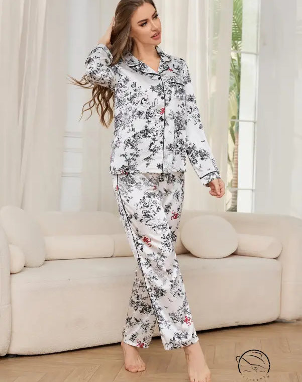 Women’s winter long sleeved floral print satin pajama set with trousers
