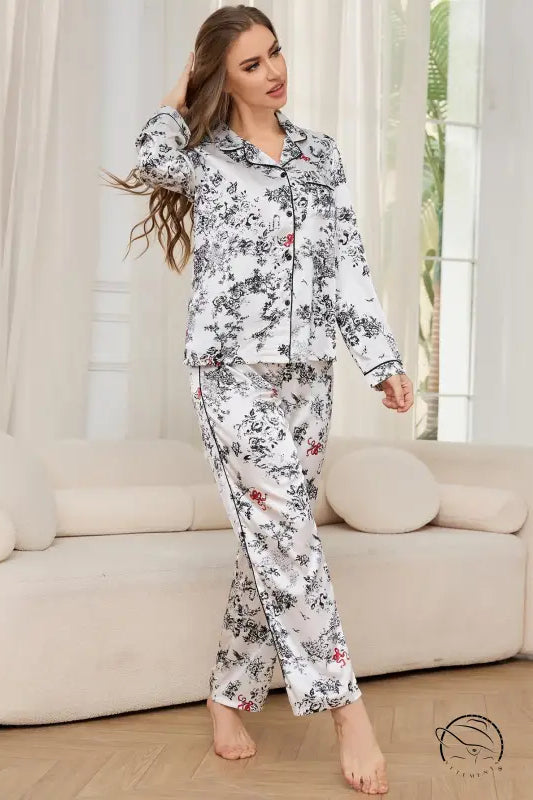 Women’s winter long sleeved floral print satin pajama set with trousers
