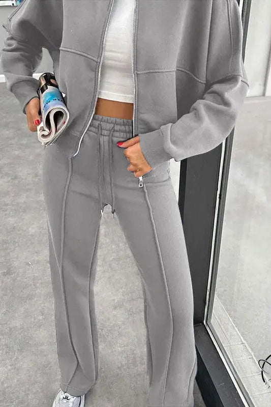 Winter Fur Zipper Cardigan Casual Straight Pants Two Piece Sets