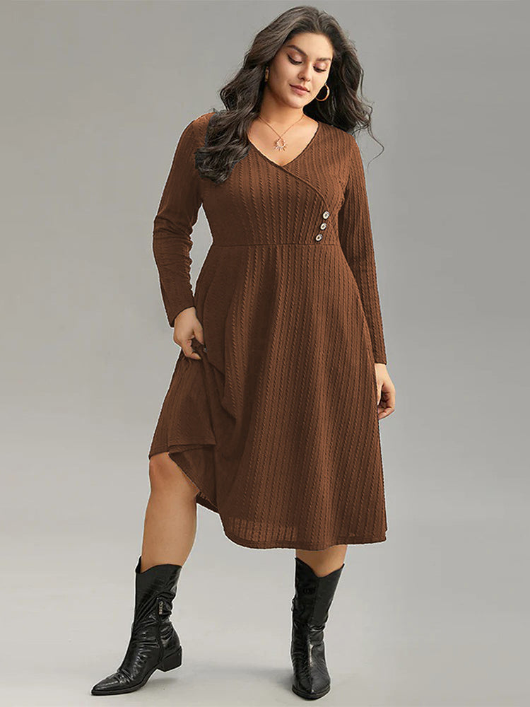 Brown ribbed knit V-neck midi dress with buttons and long sleeves, perfect for match office dress style