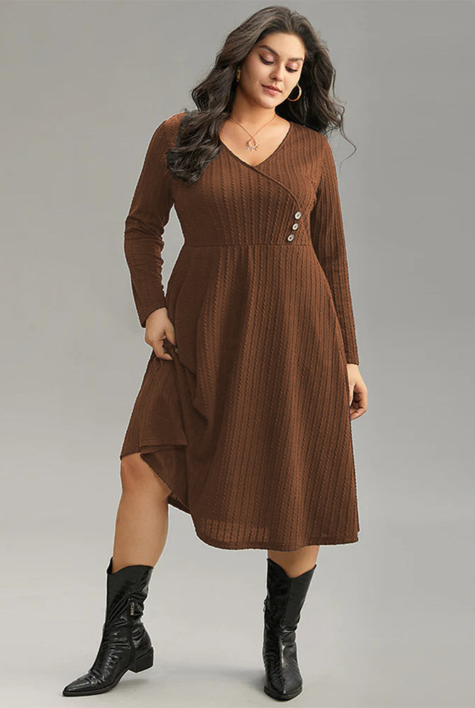 Brown ribbed knit V-neck midi dress with buttons and long sleeves, perfect for match office dress style