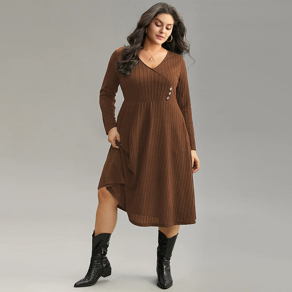 Brown ribbed knit V-neck midi dress with buttons and long sleeves, perfect for match office dress style