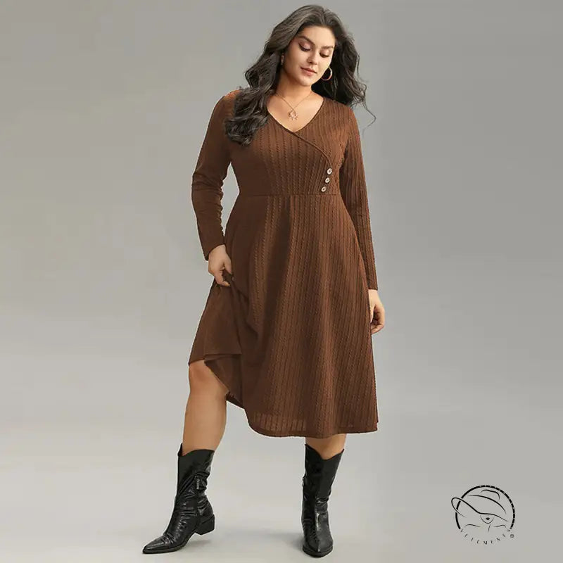 Brown ribbed knit V-neck midi office dress with buttons and boots