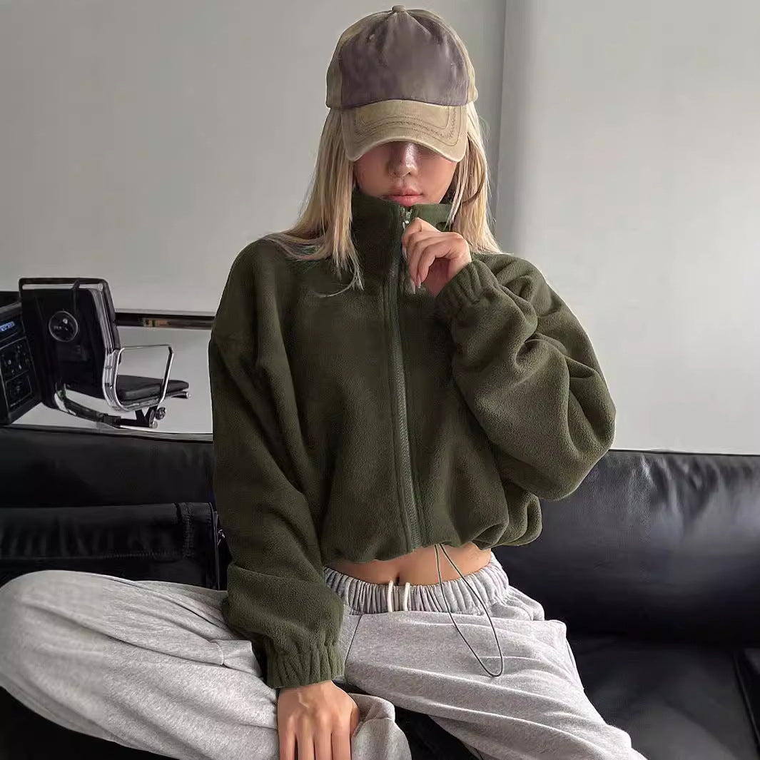 Cozy langry olive green fleece zip-up jacket with high collar