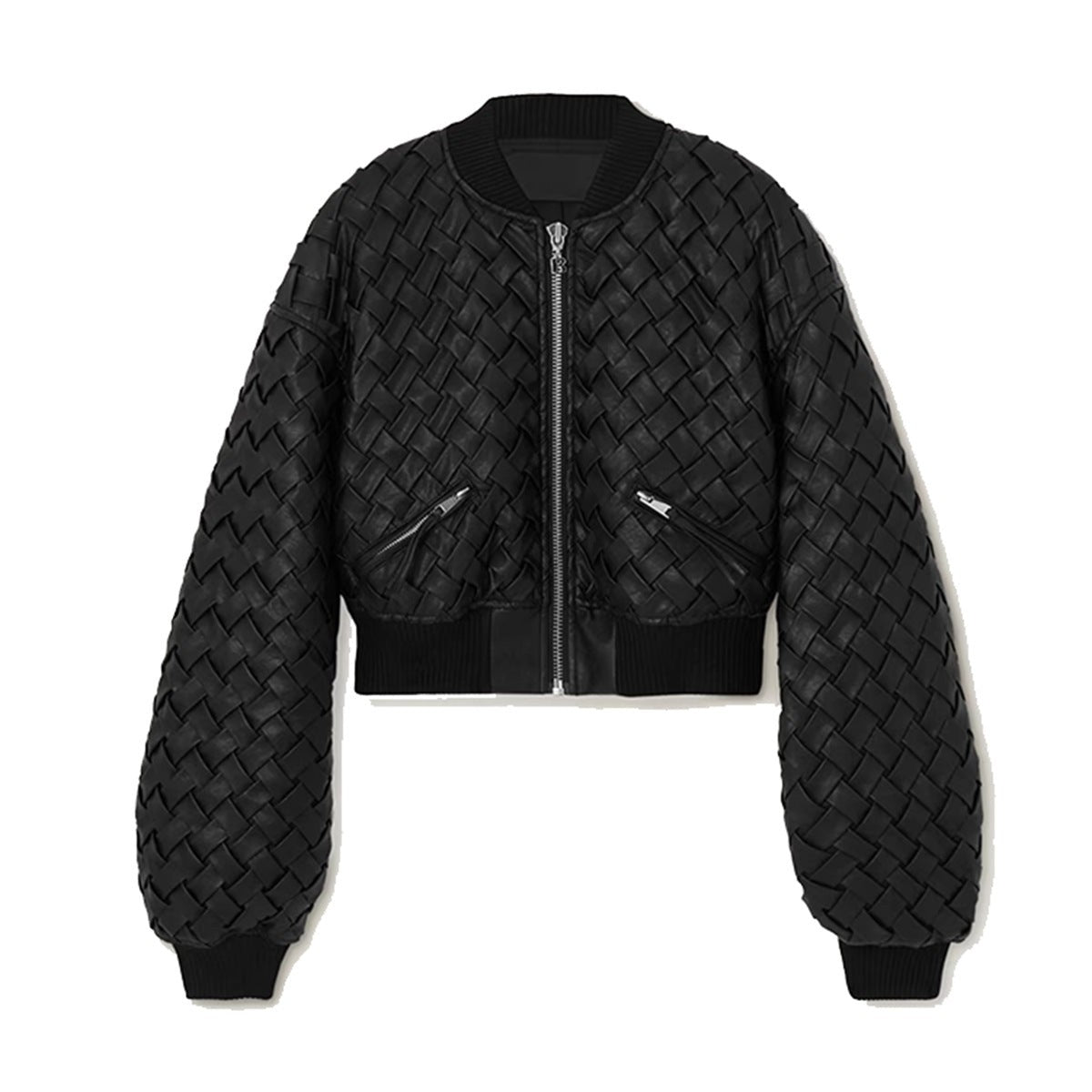 Niche black woven bomber jacket showcasing a romantic black woven design