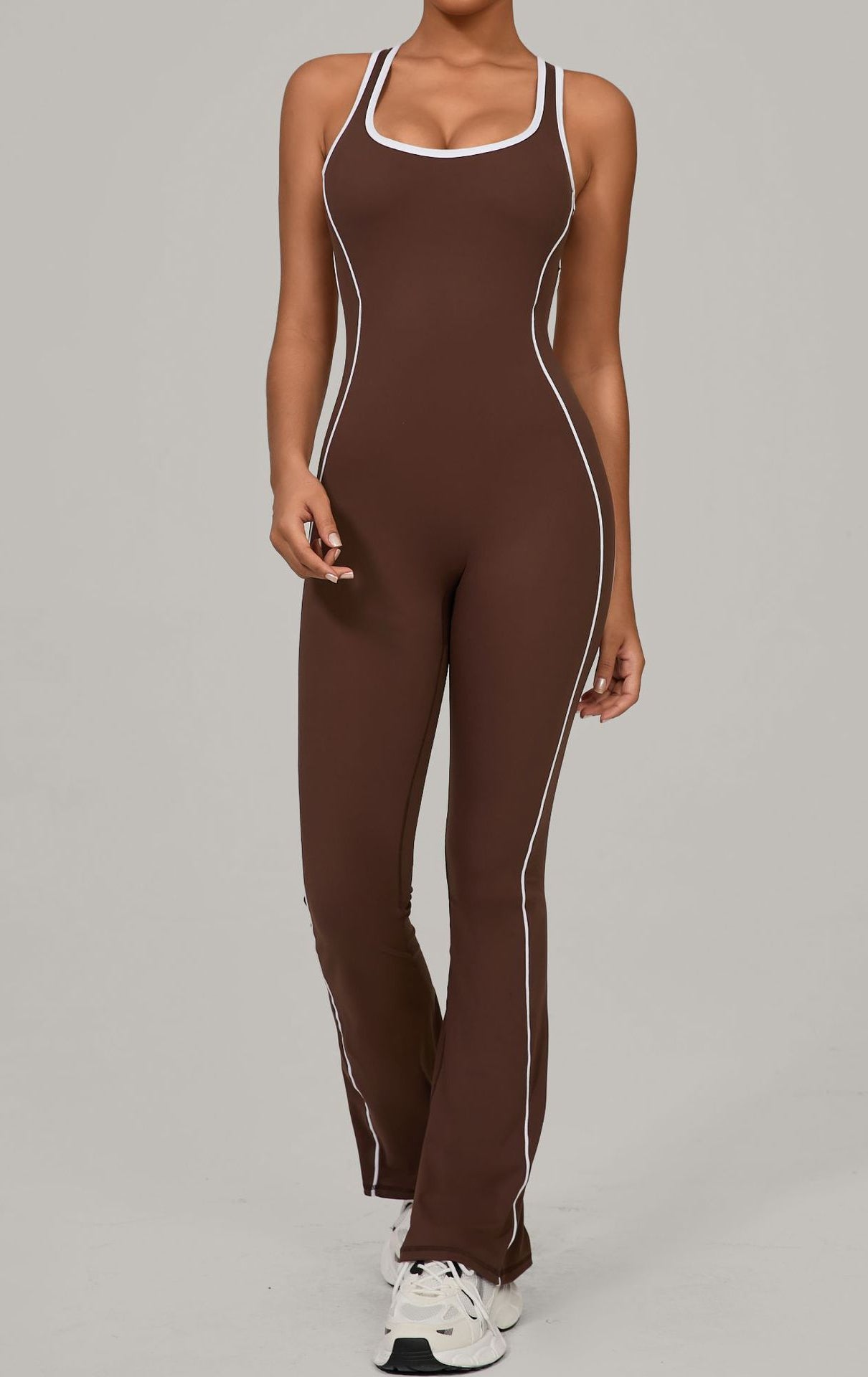Brown and white striped Lululemon Beauty Back yoga jumpsuit in langry fashion