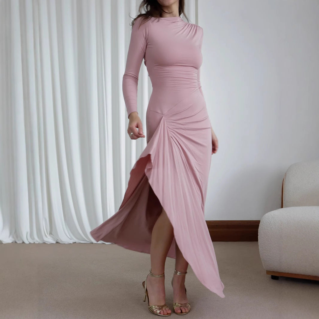 Pink long-sleeved midi dress from Casual Lace Up Stretch Dress collection, perfect for fashion and ملابس enthusiasts