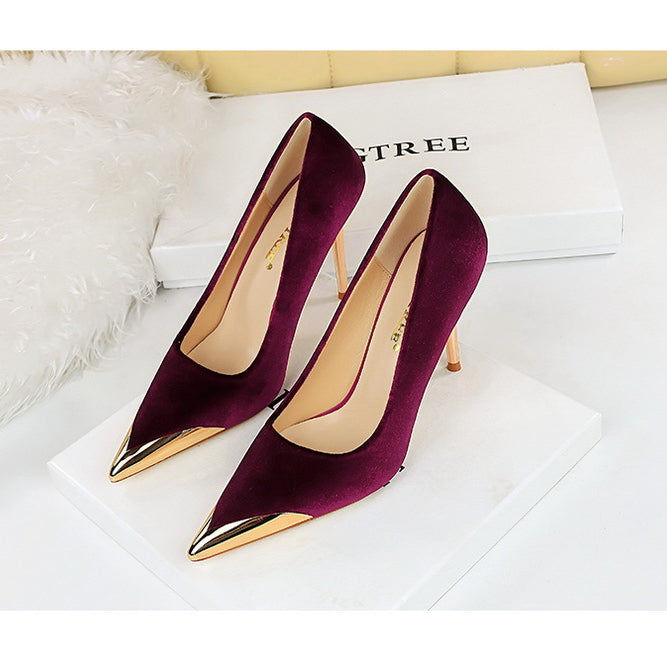 Burgundy velvet Cocktail Luxury High Heels with metallic gold pointed tips for stylish fashion