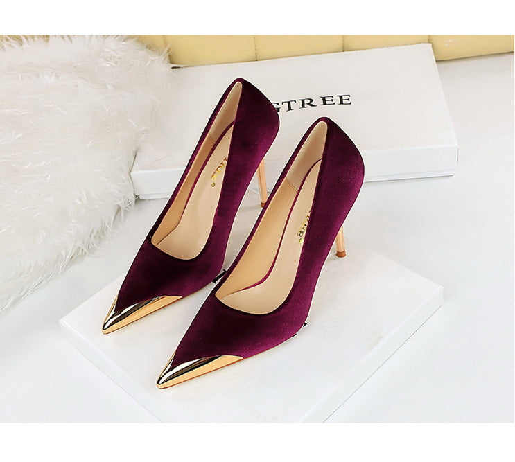 Burgundy velvet Cocktail Luxury High Heels with metallic gold pointed tips for stylish fashion