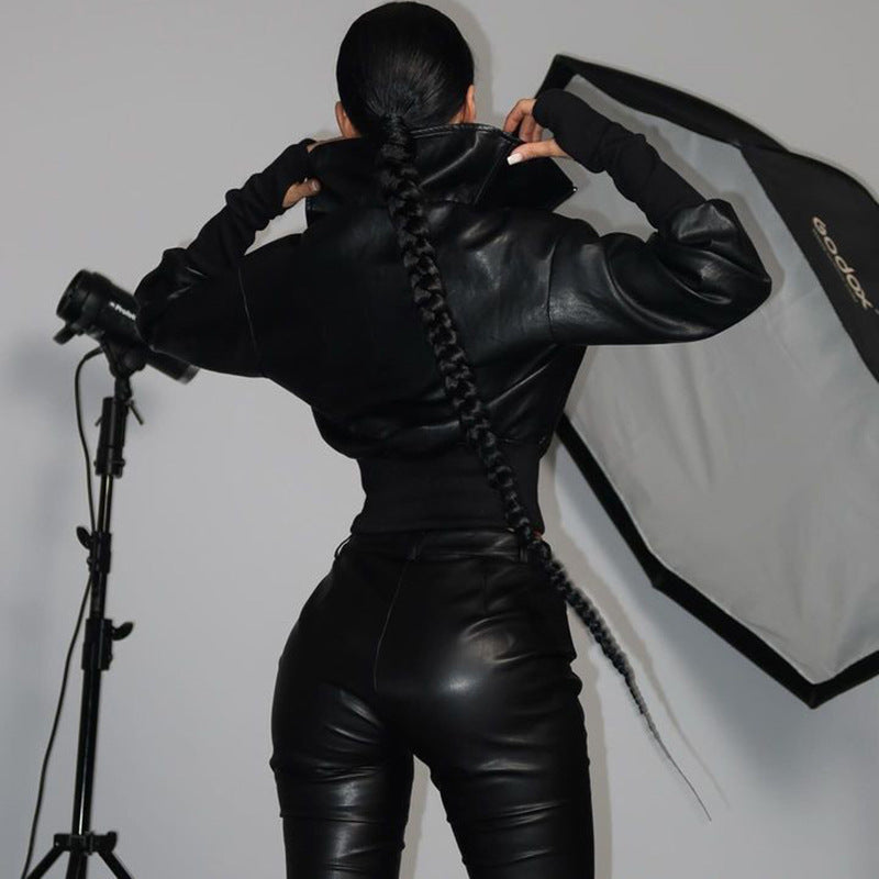 Faux Leather Zipper Sweatshirt