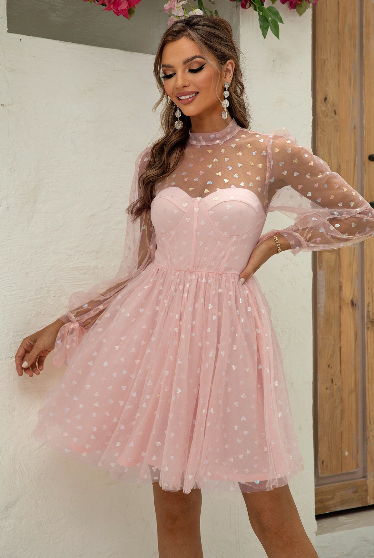 Elegant Barbie Dress featuring a pink polka dot mesh design, perfect for trendy fashion lovers