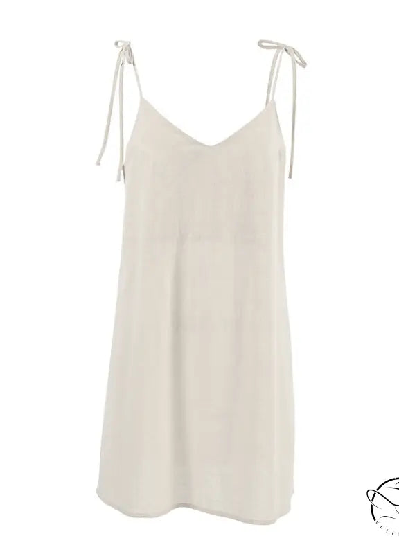 Light beige v-neck backless cotton home wear slip dress with spaghetti straps