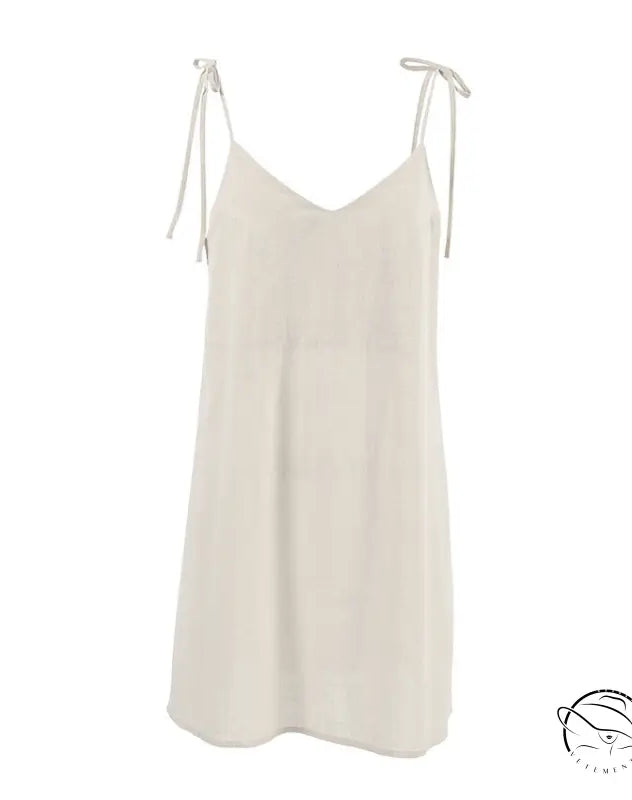 Light beige v-neck backless cotton home wear slip dress with spaghetti straps