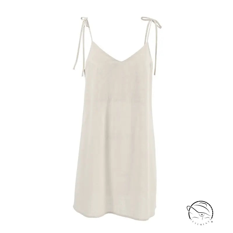 Light beige v-neck backless cotton home wear slip dress with spaghetti straps