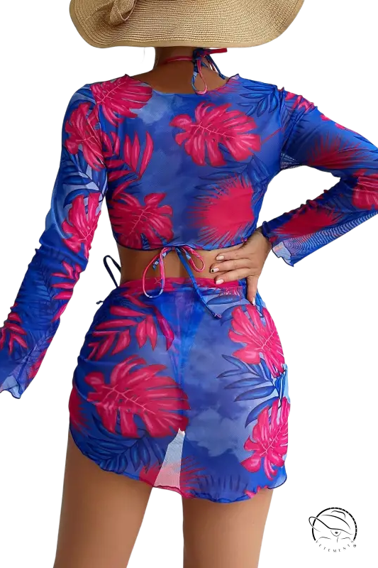 Four piece lace up swimsuit in vibrant blue pink tropical leaf print mesh