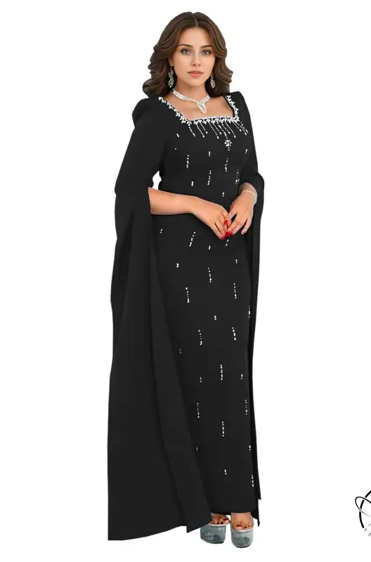 Elegant black embellished langry fashion gown in sleeve drilling dress