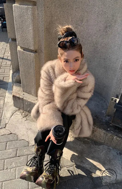 Beige faux fur Langry jacket with black lace-up boots and brown hair bun