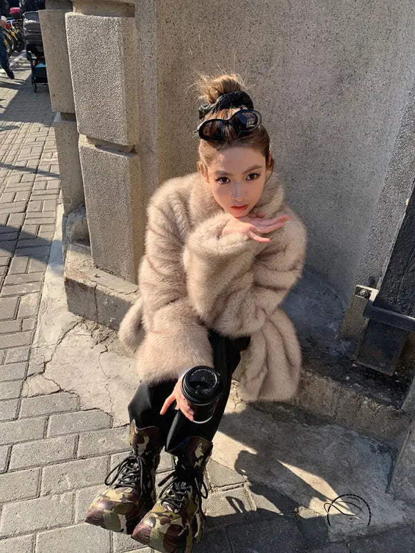 Beige faux fur Langry jacket with black lace-up boots and brown hair bun