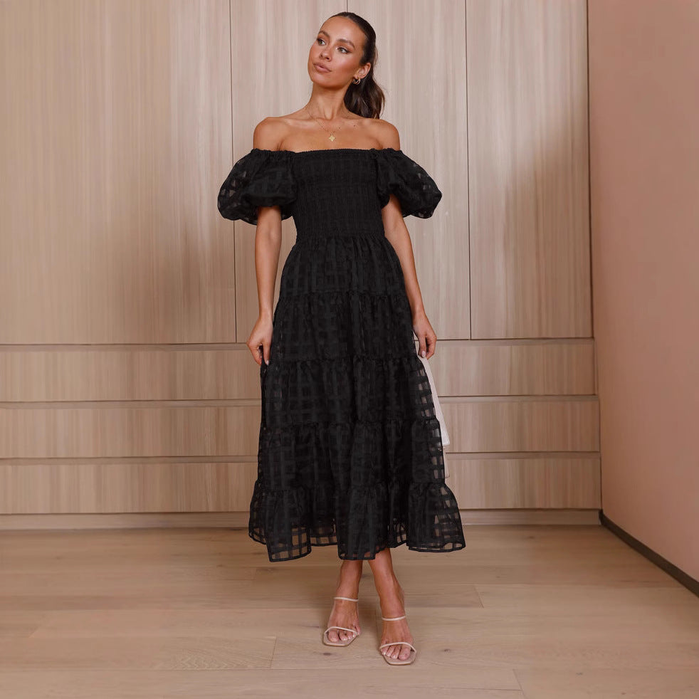 Black off-the-shoulder midi dress from the Enchanting Lantern Sleeve Dress collection in fashion ملابس