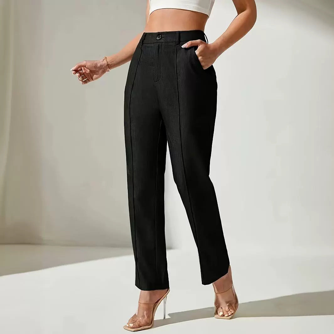 Black high-waisted straight leg work pants for women, stylish and versatile business fashion ملابس