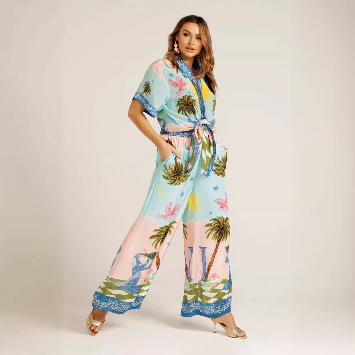 Tropical print pajama set from Personalized Printing Short Sleeve Vacation Casual Tether Suit, perfect for fashion and ملابس enthusiasts