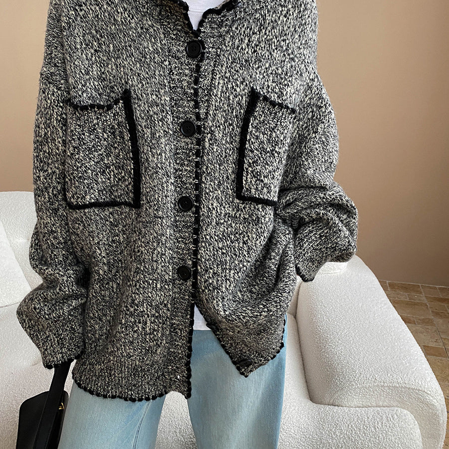 Black and white boucle jacket with fashionable double pocket loose knitted design