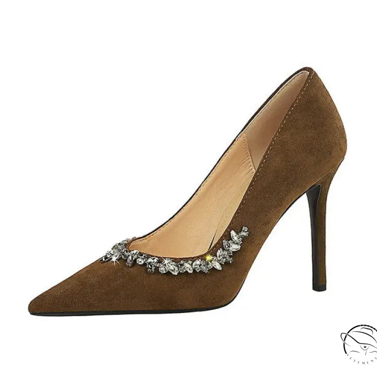 Elegant brown suede Rhinestone Cocktail Stiletto Heel with rhinestone embellishment in langry fashion