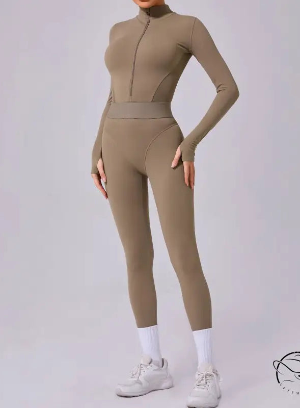 Olive-green comfy mesh stitching fitness jumpsuit by Langry fashion