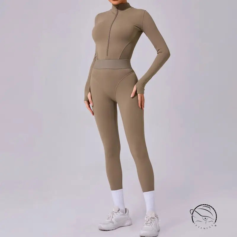 Olive-green comfy mesh stitching fitness jumpsuit by Langry fashion