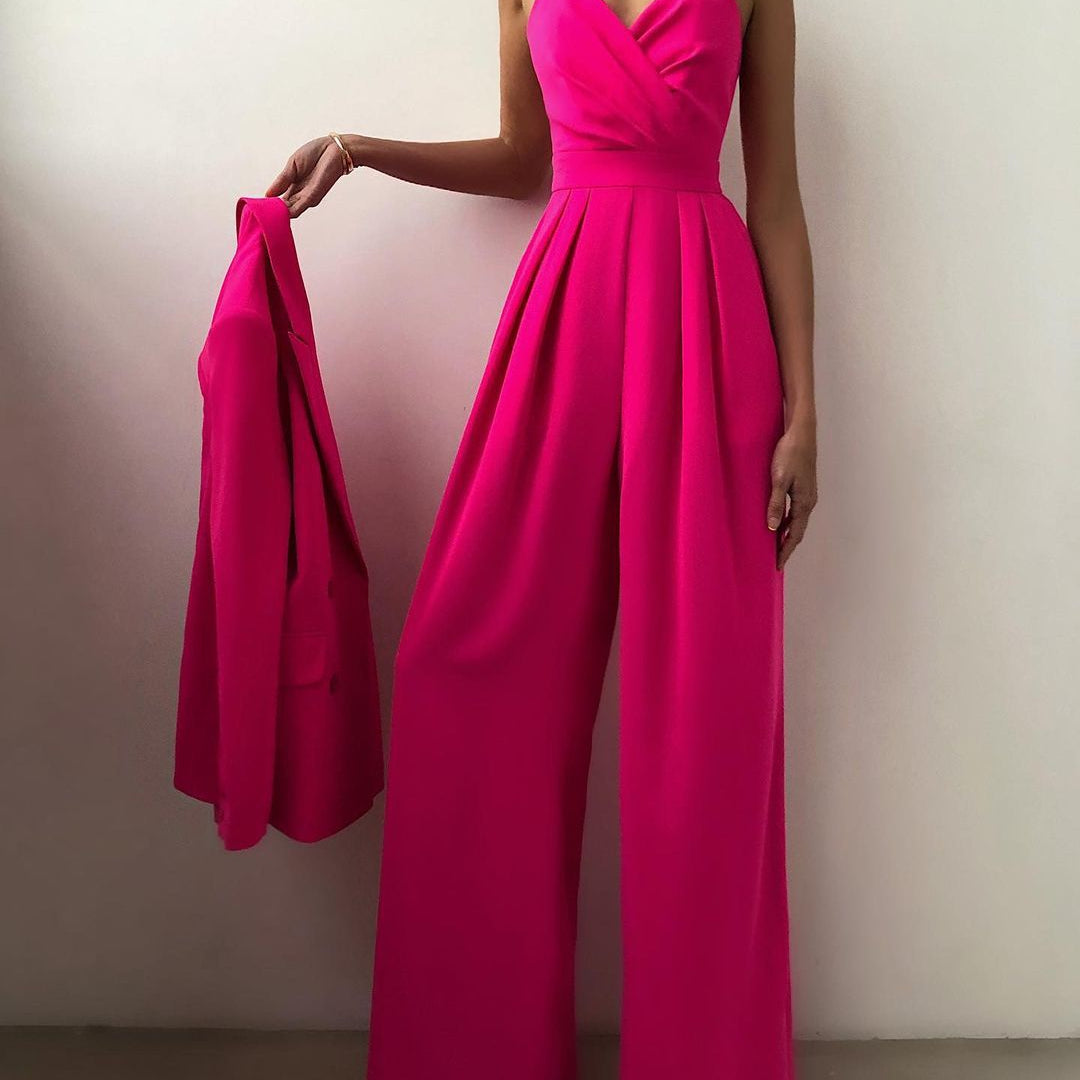 Hot pink strapless jumpsuit with wide-leg pants and matching wrap for elegant fashion