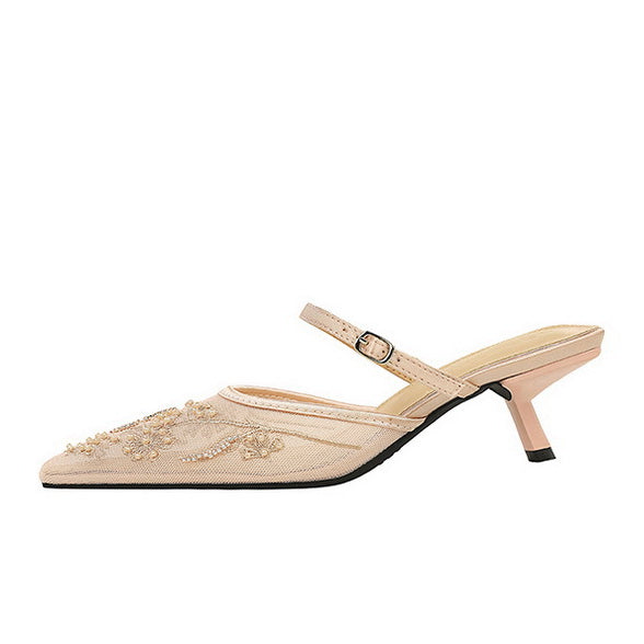 Langry fashion cream satin kitten heel mule with floral embroidery