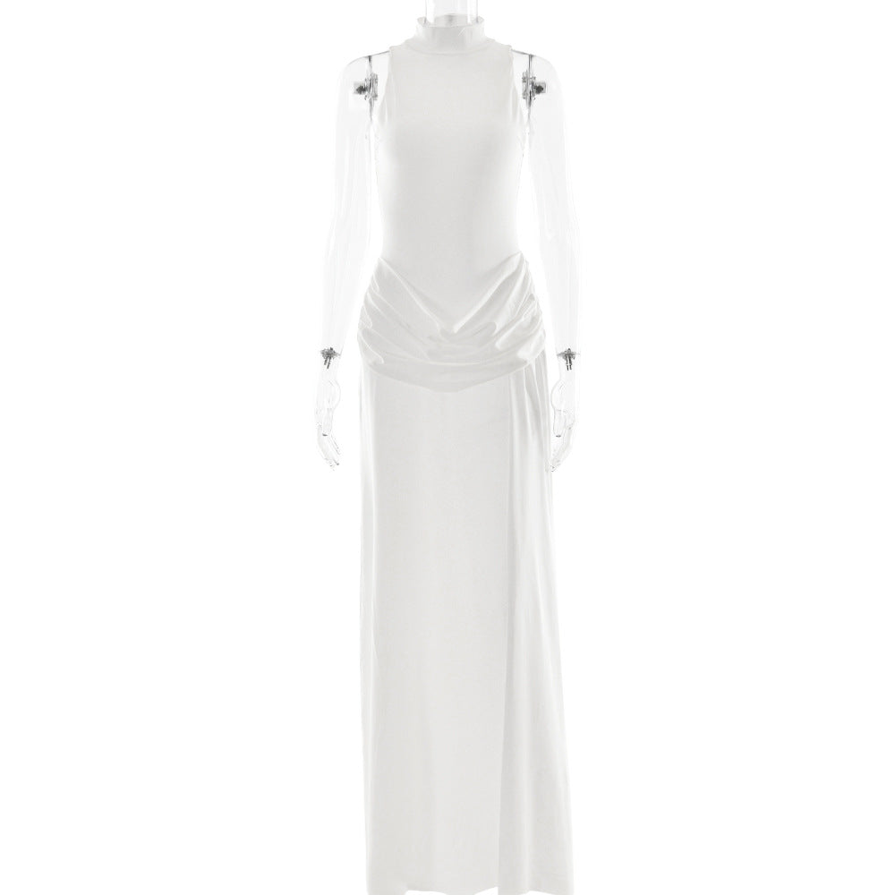 Elegant white long-sleeved maxi dress with silver embellishments, langry fashion ملابس