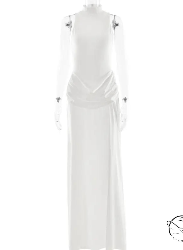 White long-sleeved maxi dress with high split, tight waist and silver embellishments