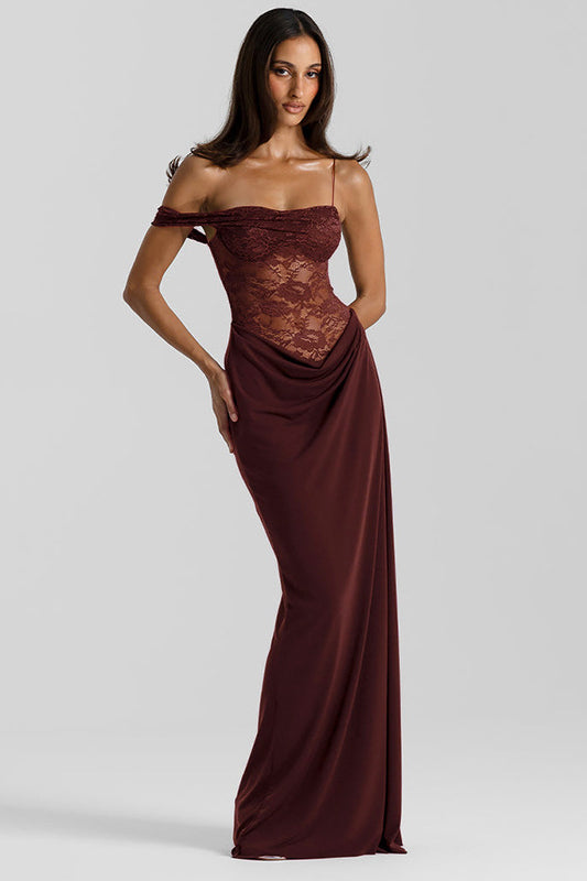 Burgundy satin enchanting strap lace dress with off-shoulder gown