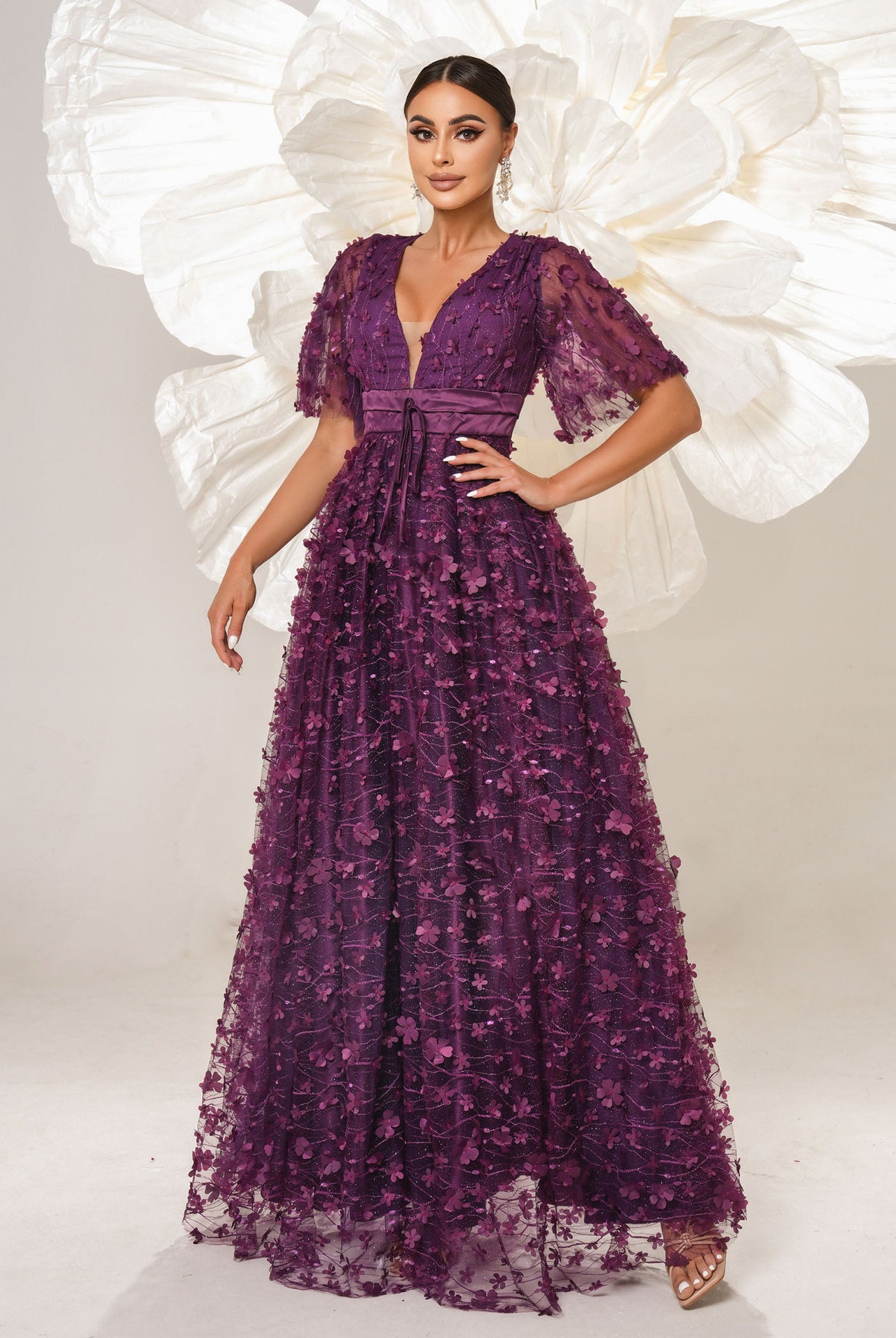 Elegant purple floral gown from High End fashion collection, stylish bridesmaid dress