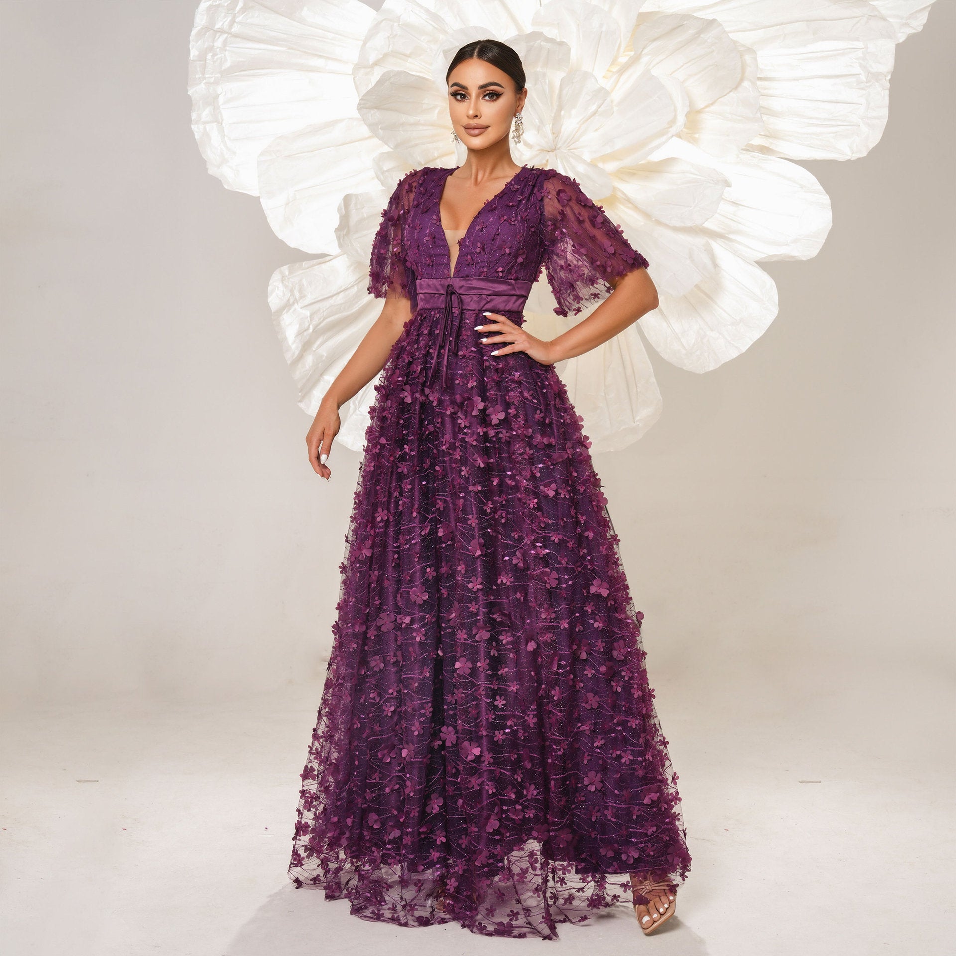 Elegant purple floral gown from High End fashion collection, stylish bridesmaid dress